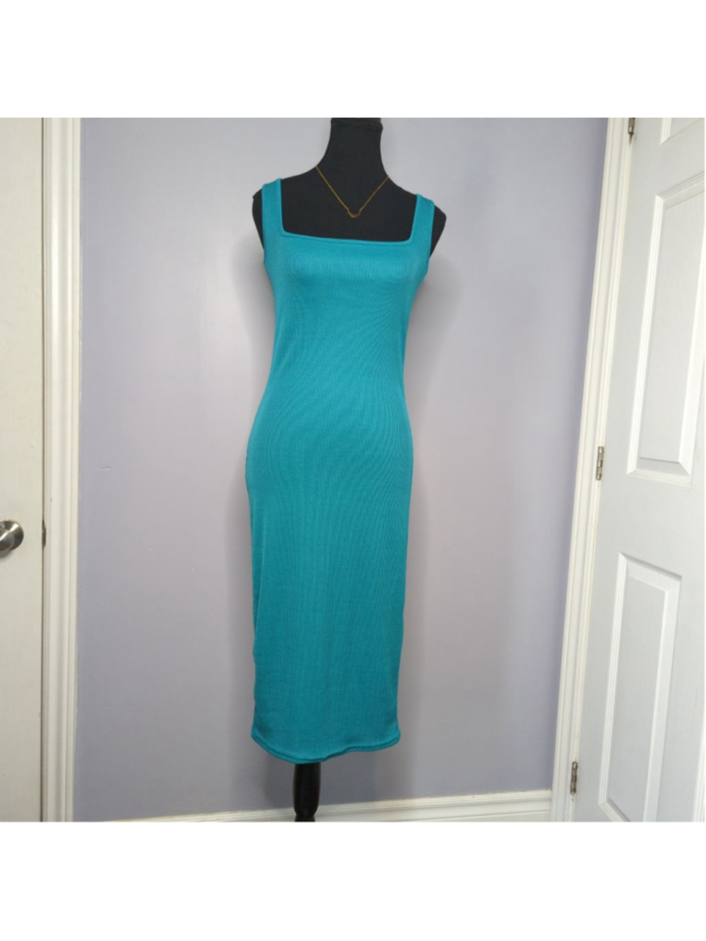 Boohoo NWT Turquoise Ribbed Square Neck Midi Dress Bodycon Tank Dress Sz 6